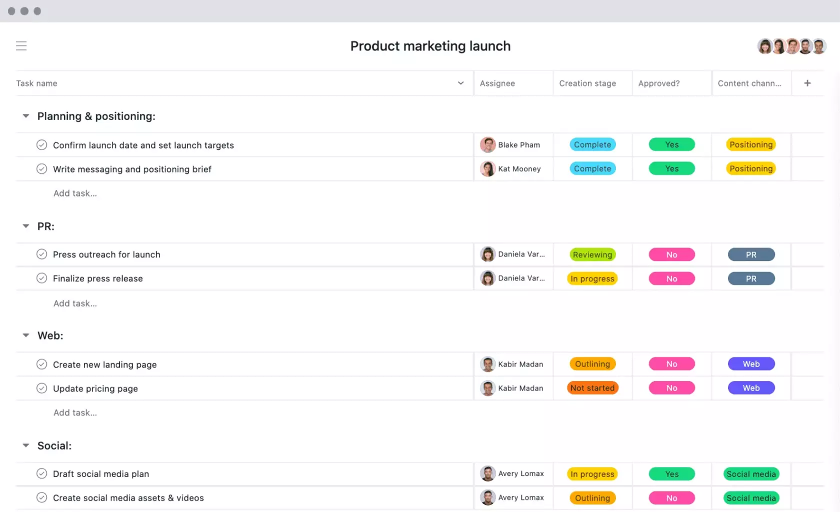 screenshot product marketing launch asana to use for GTM